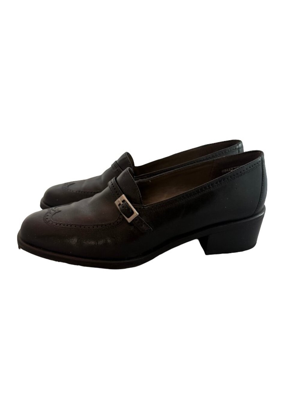 Nicole Shatter Black Leather Wingtip Buckle Loafer Heels Heel Toe Size 7 Women's